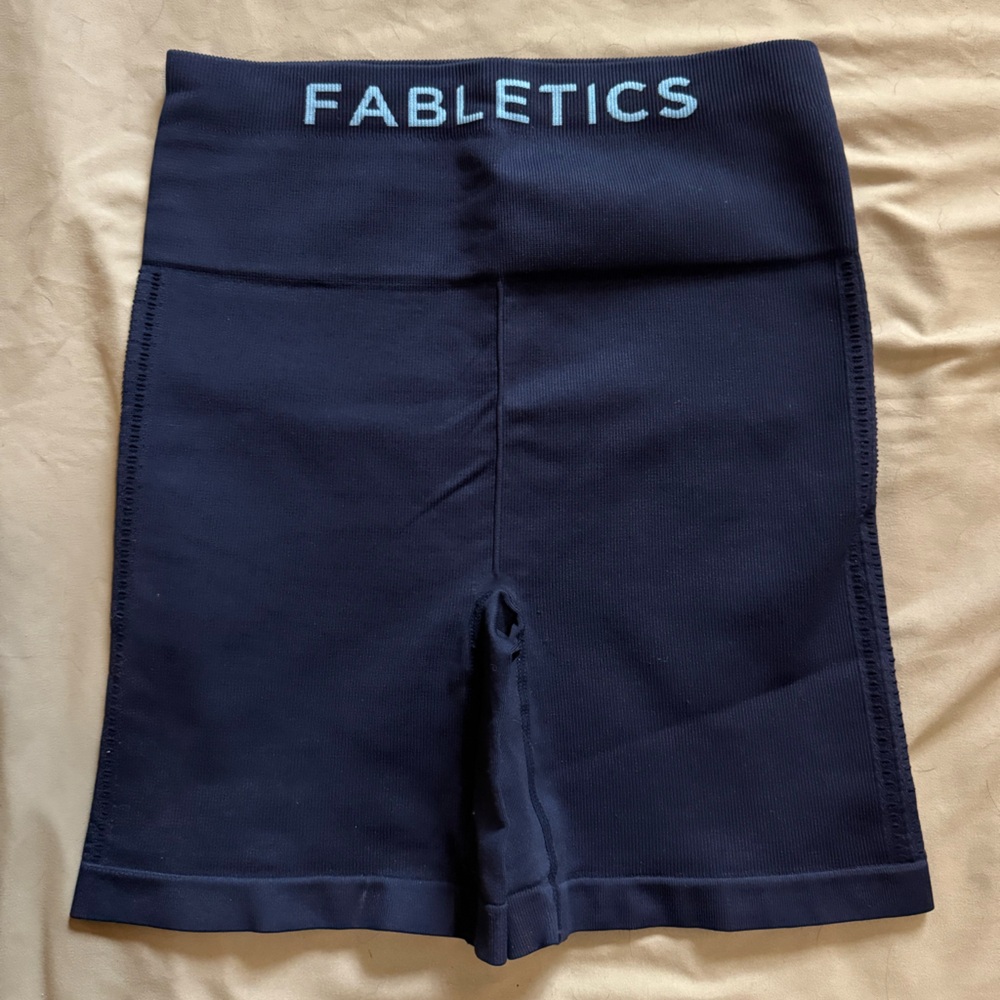 Fabletics Navy Shorts with Light Blue Logo